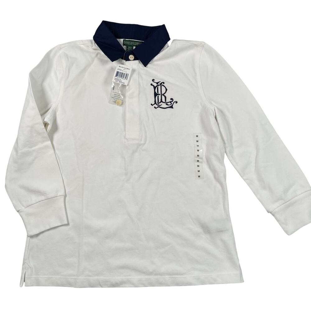 Ralph Lauren Jeans Company Top Womens Medium White Navy Monogram Polo 3/4 Sleeve